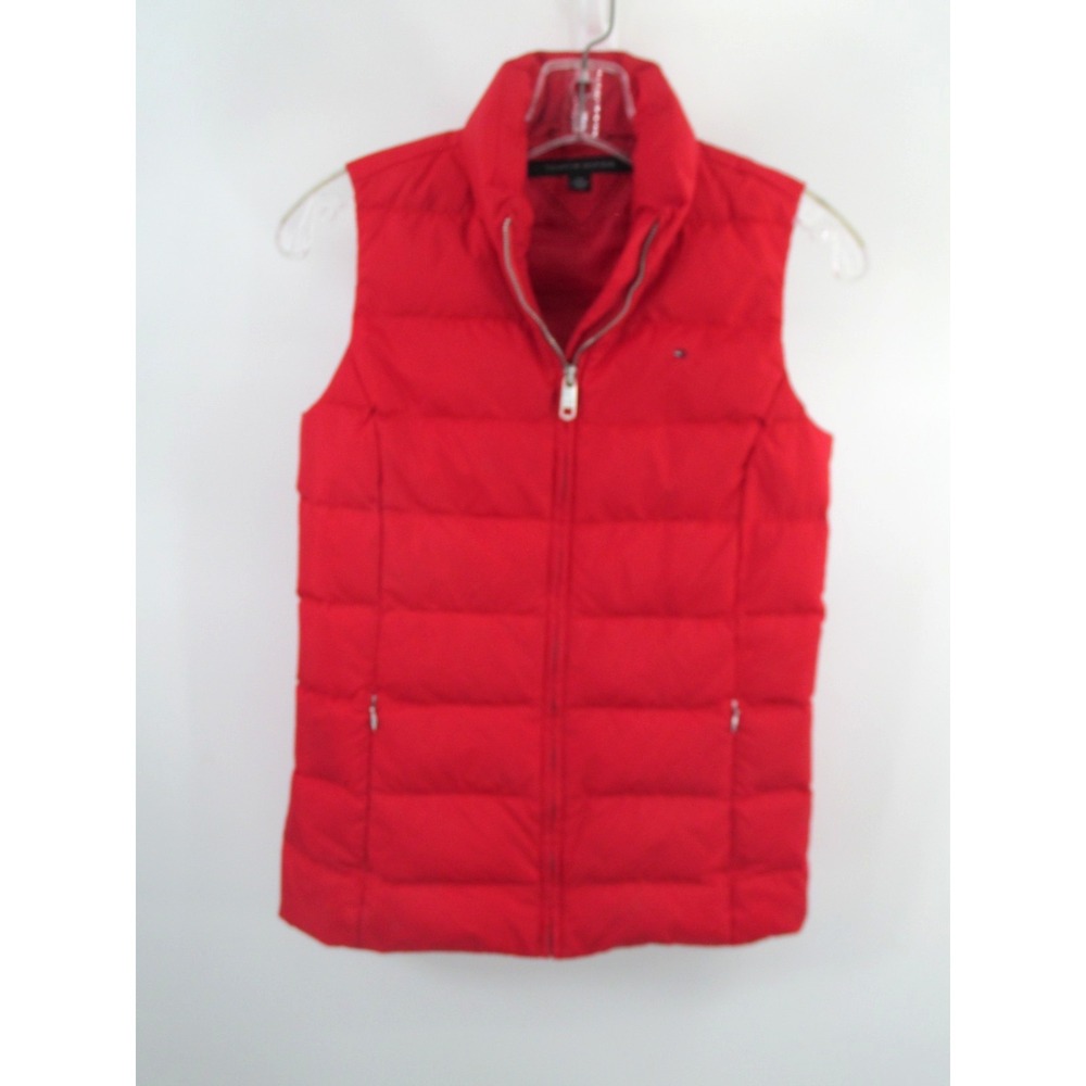 Tommy Hilfiger Women XXS Red Puffer Vest Down Feather Zip Pockets Logo